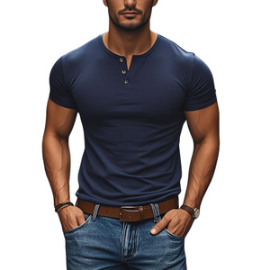Camiseta informal de algodón con cuello Henley, manga corta y corte ajustado para hombre