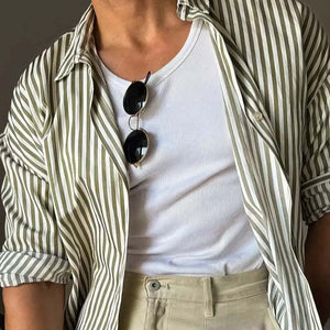 Men's Classic Casual Green Vertical Striped Long Sleeve Shirt