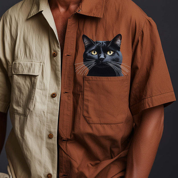 Camisa de manga corta con contraste y estampado retro de gato para hombre