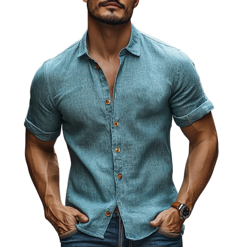 Men's Casual Cotton And Linen Short Sleeve Lapel Shirt