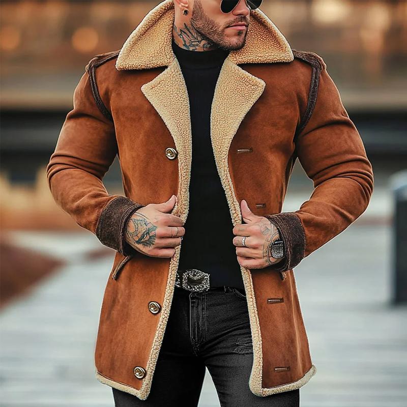 Men's Fleece Suede Lapel Single Breasted Mid-length Casual Coat