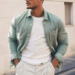 Camisa informal de manga larga con solapa de color liso para hombre