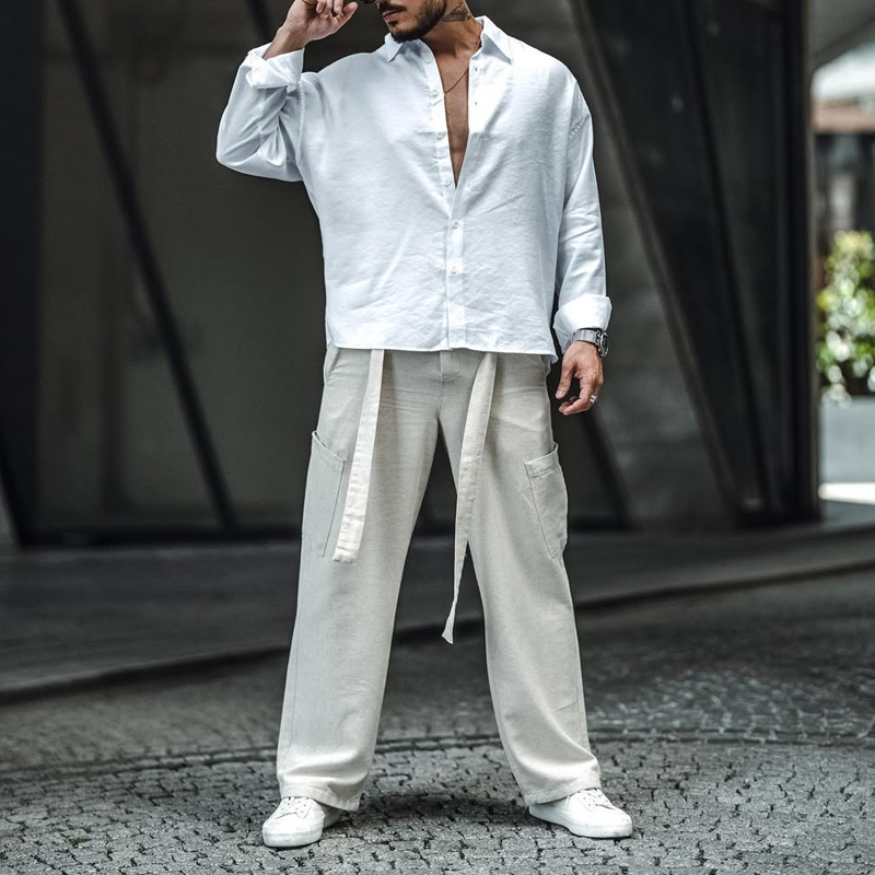 Men's Solid Cotton And Linen Mid Waist Straight Casual Pants