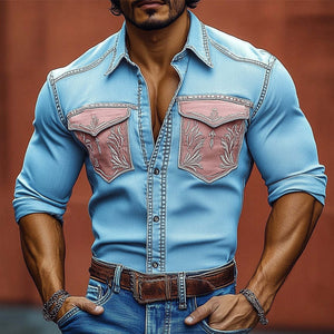 Men's Vintage Western Cowboy Embroidered Button Up Shirt