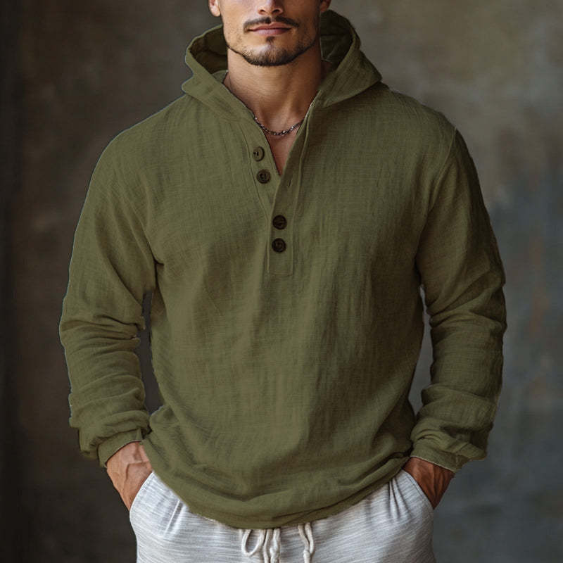 Hautfreundlicher, cremefarbener Langarm-Hoodie aus Baumwolle und Leinen für Herren