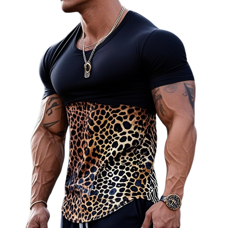 Men's Fashion Leopard Print Contrast Color Patchwork Round Neck Tight Short Sleeve T-shirt