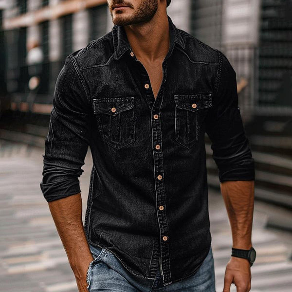 Herren-Revershemd aus gewaschenem Distressed-Denim im Vintage-Stil