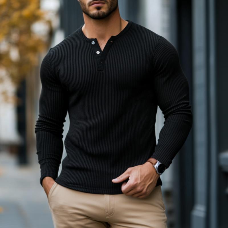 Camiseta informal de manga larga con cuello Henley, rayas y canalé para hombre