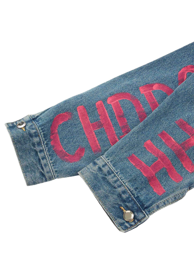 High Street Graffiti Lettered Distressed Washed Denim Jacket