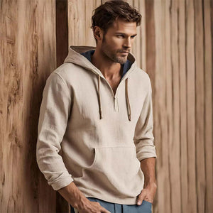 Sudadera informal con capucha de algodón y lino color albaricoque para hombre