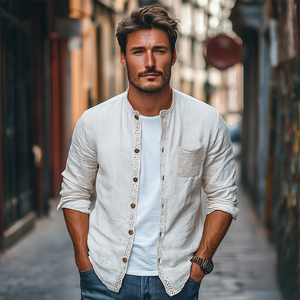 Camisa de manga larga de algodón y lino con costuras de bolsillo y encaje para hombre, moda de primavera