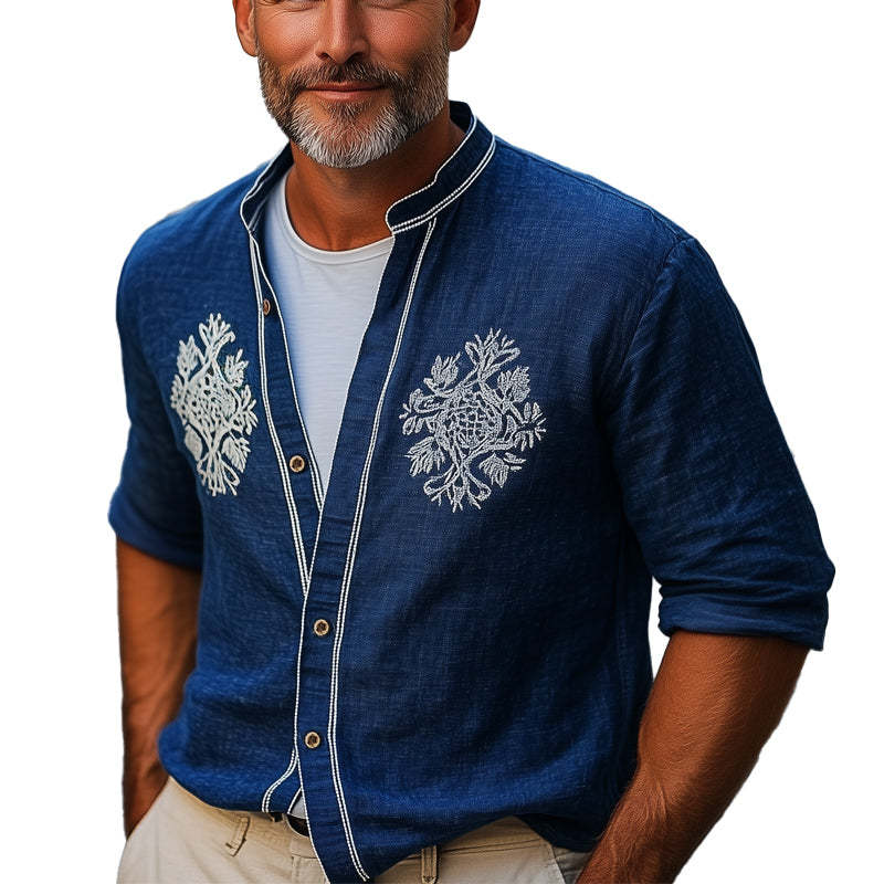 Men's Casual Navy Blue Cotton And Linen Vintage Embroidered Long-Sleeved Shirt