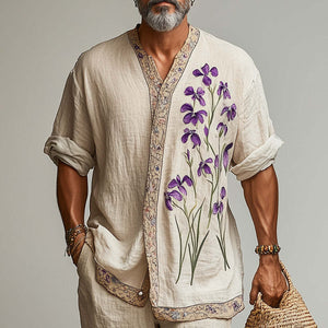 Camisa de manga larga de algodón y lino retro de moda de primavera para hombre