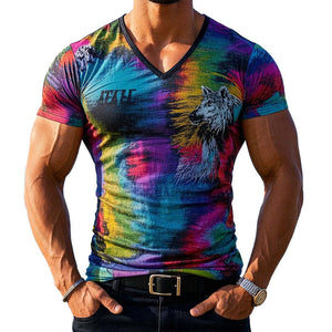 Camiseta de manga corta con cuello en V y estampado animal para hombre
