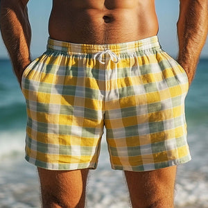 Men's Spring Fashion Plaid Linen Casual Sports Shorts