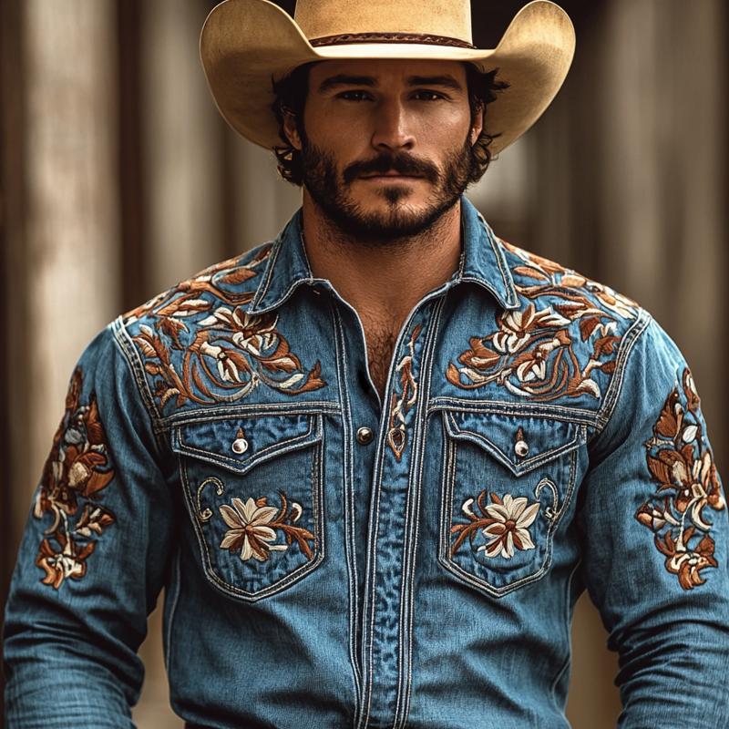 Men's Western Cowboy Style Embroidered Lapel Chest Pocket Long Sleeve Denim Shirt
