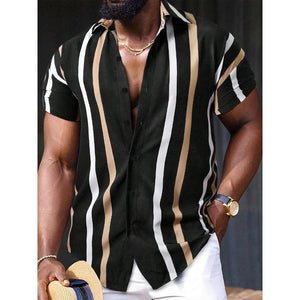 Men's Casual Striped Printed Lapel Short Sleeve Shirt