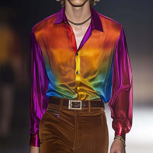 Camisa de manga larga con solapa ligera y estampado de arcoíris informal retro para hombre