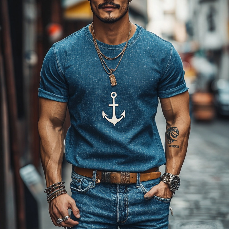 Camiseta informal de mezclilla con estampado de ancla, cuello redondo, corte entallado y manga corta para hombre