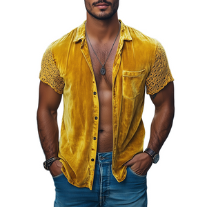 Camisa de manga corta ajustada de terciopelo con empalme de encaje personalizado para hombre, moda de primavera