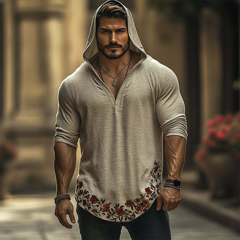 Herren Retro Casual Besticktes Langarm-T-Shirt mit Kapuze