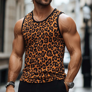 Camiseta sin mangas con cuello en V, estampado de leopardo retro, transpirable y agradable para la piel para hombre