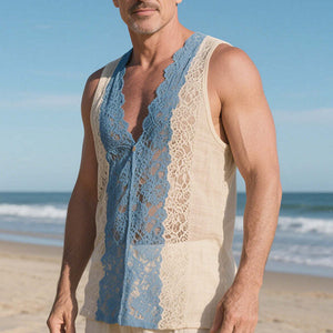 Camiseta fina sin mangas con encaje de moda de primavera para hombre