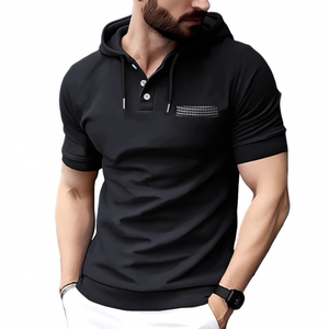 Lässiger Herren-Kapuzenpullover aus Baumwolle mit Patchwork-Muster und Hahnentrittmuster, schmale Passform, kurzärmelig