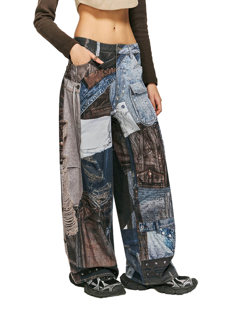 Washed Patchwork Baggy Jeans