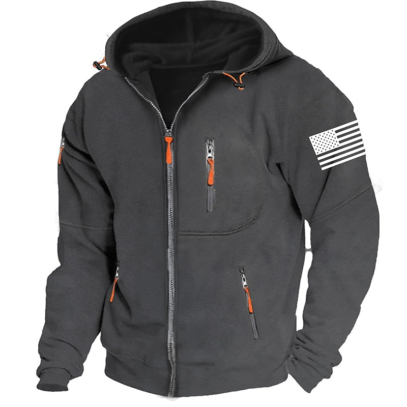 American Flag Hoodie Mens Graphic Tactical Military National Fashion Daily Casual Outerwear Zip Vacation Going Streetwear Hoodies Dark Blue Gray Grey Fleece