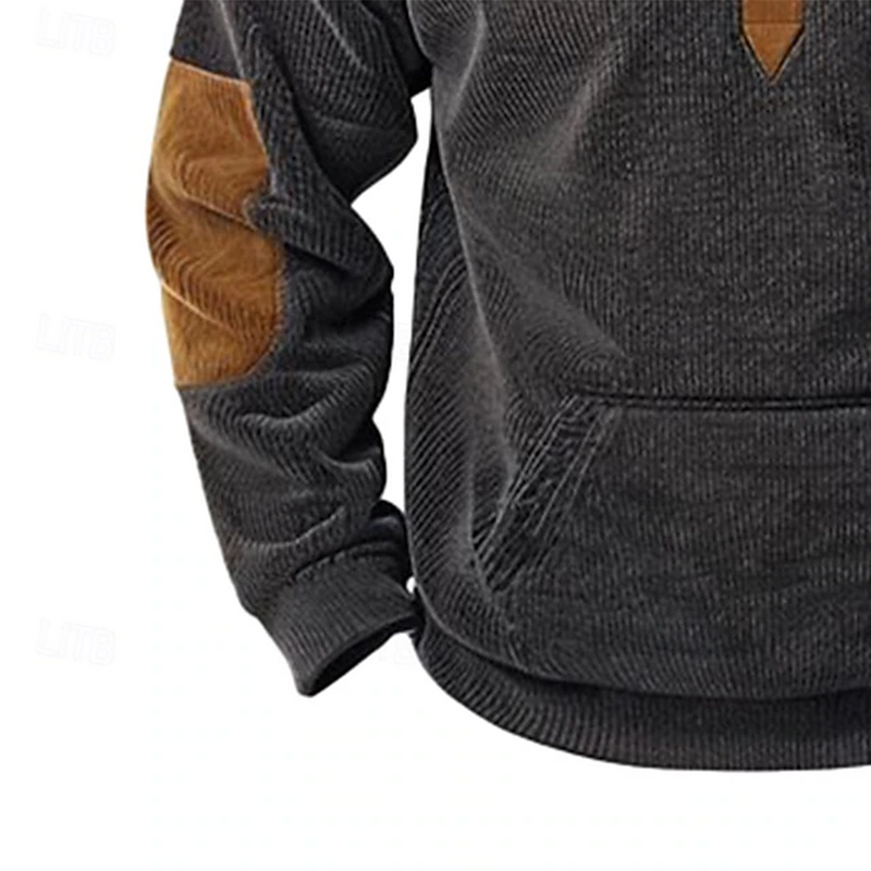 Men's Vintage Corduroy Henley Color Block Elbow Patch Western Long Sleeve Sweatshirt