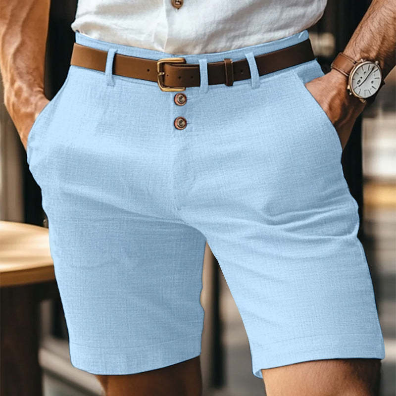 Pantalones cortos de traje casuales de lino y algodón para hombre, corte entallado
