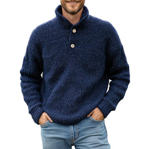 Dunkelblauer Vintage-Strickpullover mit zwei Knöpfen und Stehkragen für Herren