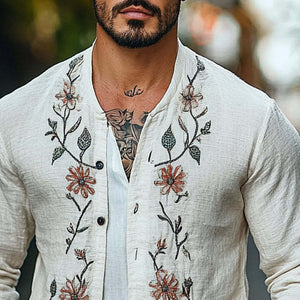 Chaqueta fina vintage de algodón y lino con bordado floral para hombre