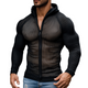 Camiseta deportiva de manga larga con capucha y cremallera de tejido de malla informal retro para hombre