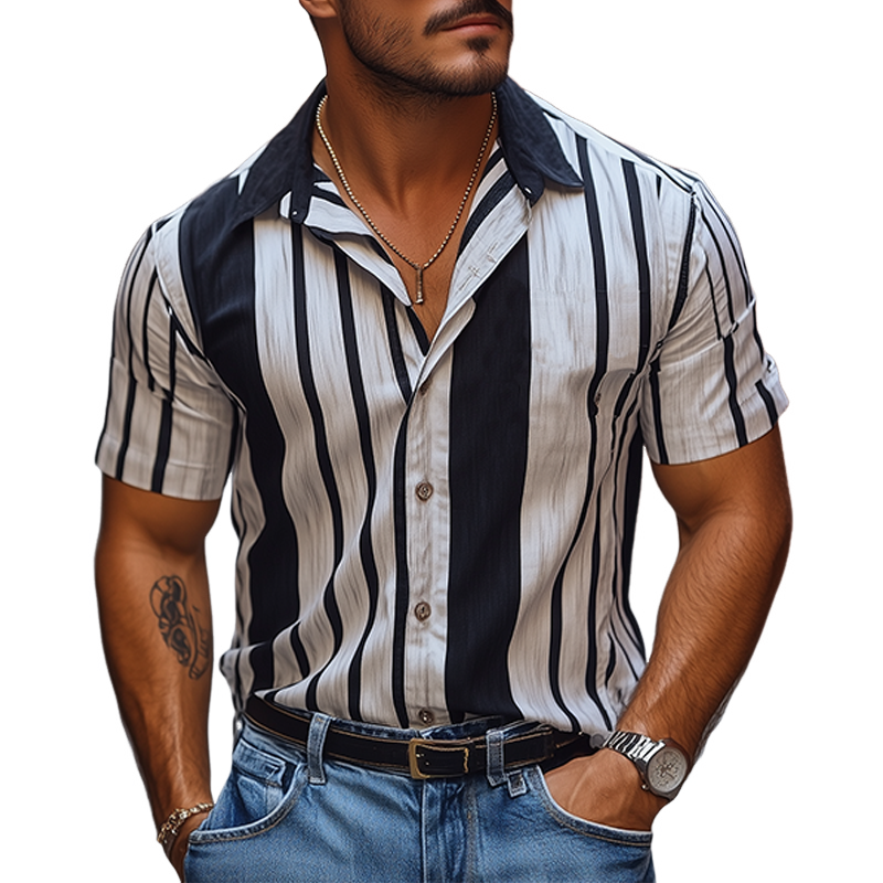 Camisa de manga corta de gasa con estampado de rayas verticales retro informal para hombre
