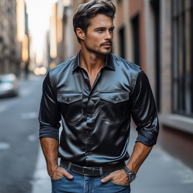 Men's Fashion Spring Summer Retro Casual Satin Long Sleeve Shirt