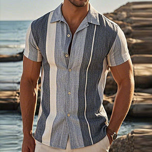 Men's Retro Casual Linen Striped Colorblock Printed Lapel Short Sleeve Shirt