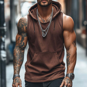 Men's Retro Casual Solid Color Sports Hooded Tank Top