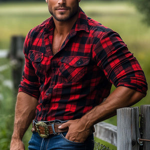 Camisa de manga larga a cuadros rojos retro para hombre