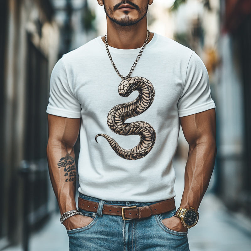 Camiseta informal de algodón con bordado de serpiente para hombre, cuello redondo, manga corta y corte ajustado