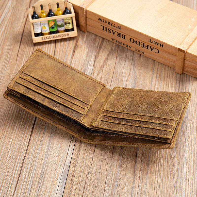 Men's Vintage Top Layer Cowhide Short Bi-Fold Wallet