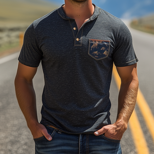 Camiseta clásica vintage de algodón con cuello henley de la serie Yellowstone Park para hombre