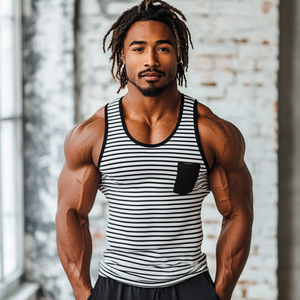 Camiseta sin mangas informal de hombre con cuello en U, bolsillo de parche y costuras a rayas, corte entallado