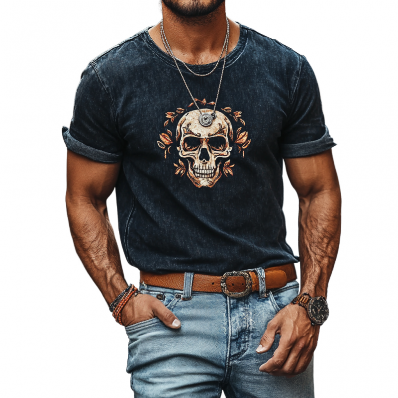 Men's Retro Denim Washed Skull Print Round Neck Slim Fit Short Sleeve T-Shirt 79843623M