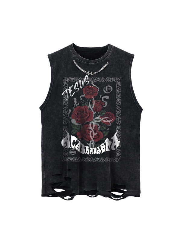 Metal Embellished Rose Washed Distressed Tank Top