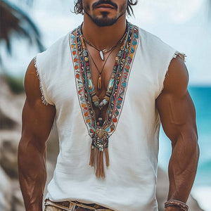 Herren Sommer Retro Tank Top mit tiefem V-Ausschnitt und Stickerei