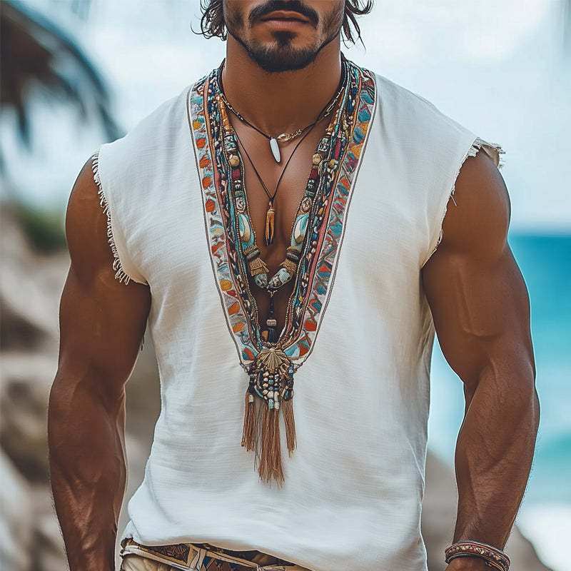 Men's Summer Retro Deep V Neck Embroidered Tank Top