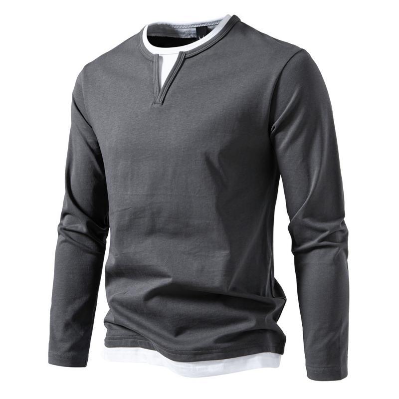 Men's Casual Color Matching Fake Two-Piece Double-Layer V-Neck Long-Sleeved T-Shirt