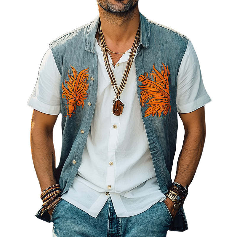 Herren-Weste aus gewaschenem Denim mit Colorblock-Stickerei für den Sommer